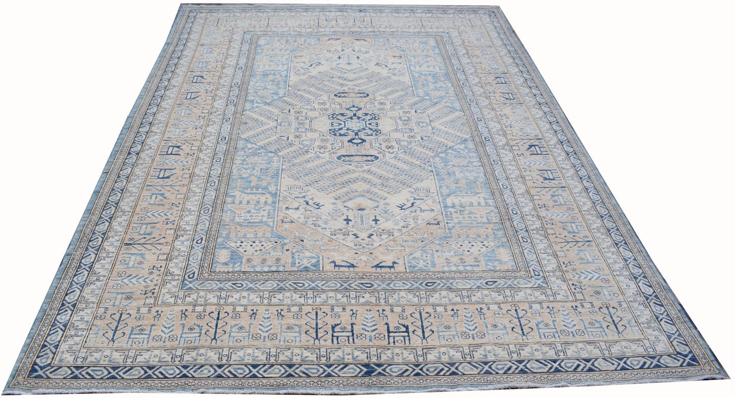 An Afghan Super Kazakh rug featuring traditional blue and beige geometric patterns.