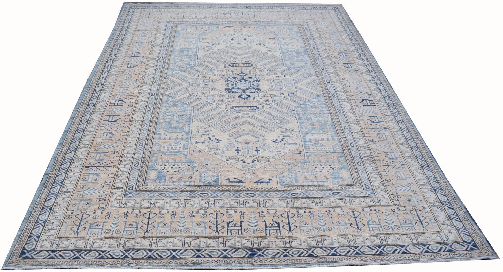 An Afghan Super Kazakh rug featuring traditional blue and beige geometric patterns.