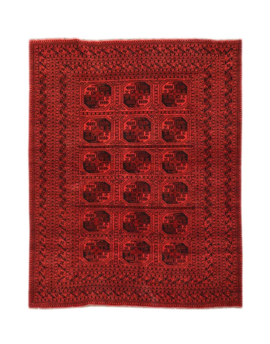 A vintage handmade Afghan Turkmen rug featuring a repeating geometric pattern in red and black.