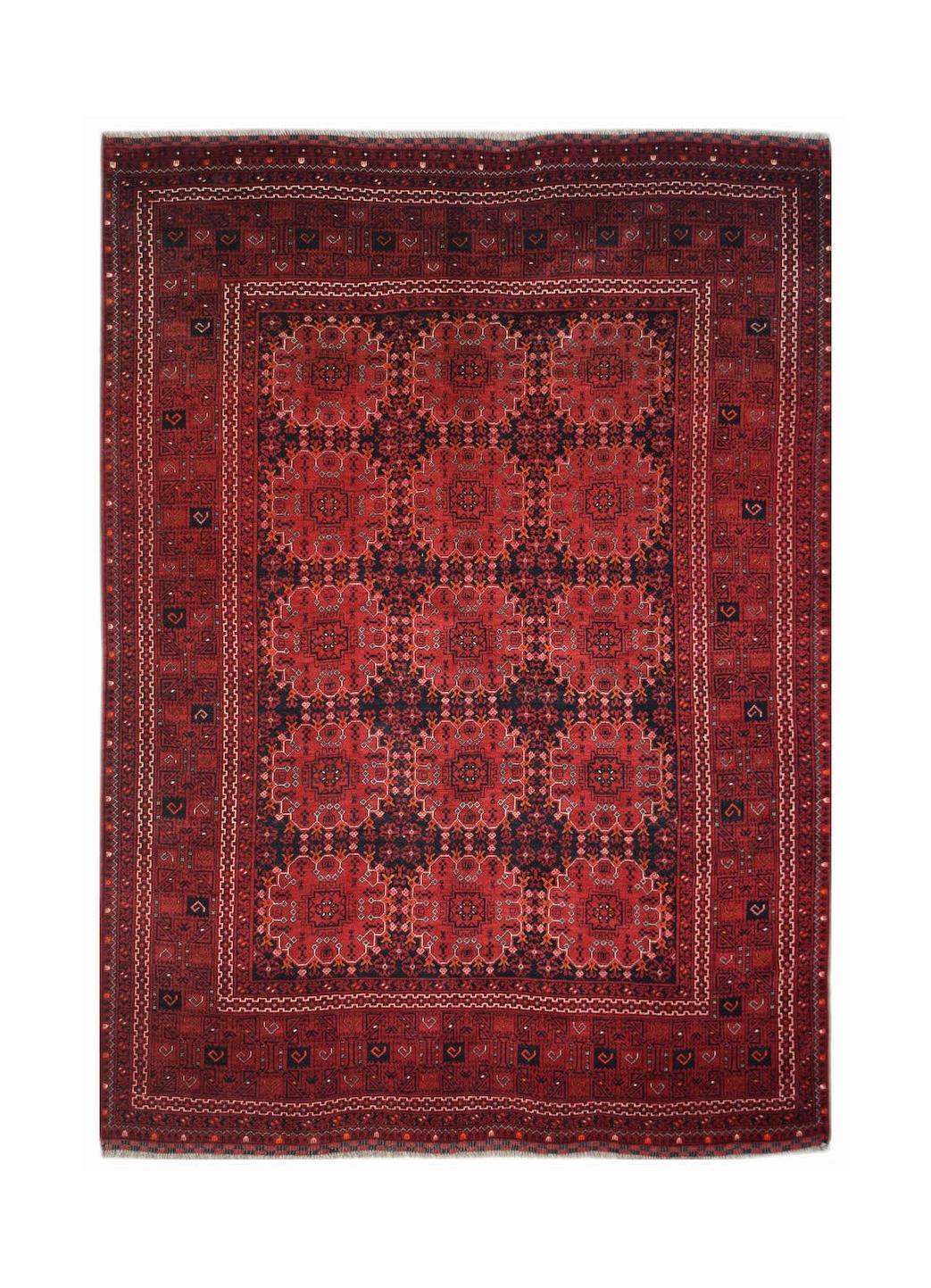 A vintage handmade Afghan Turkmen rug featuring a repeating red elephant foot motif on a dark field.