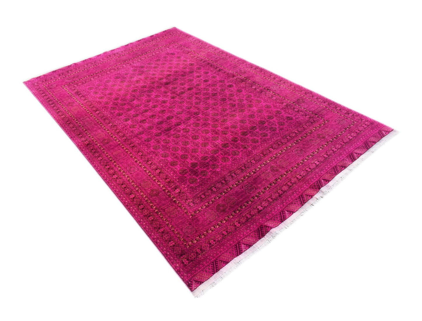 A vintage handmade Afghan Turkmen rug featuring a vibrant magenta field with geometric motifs.