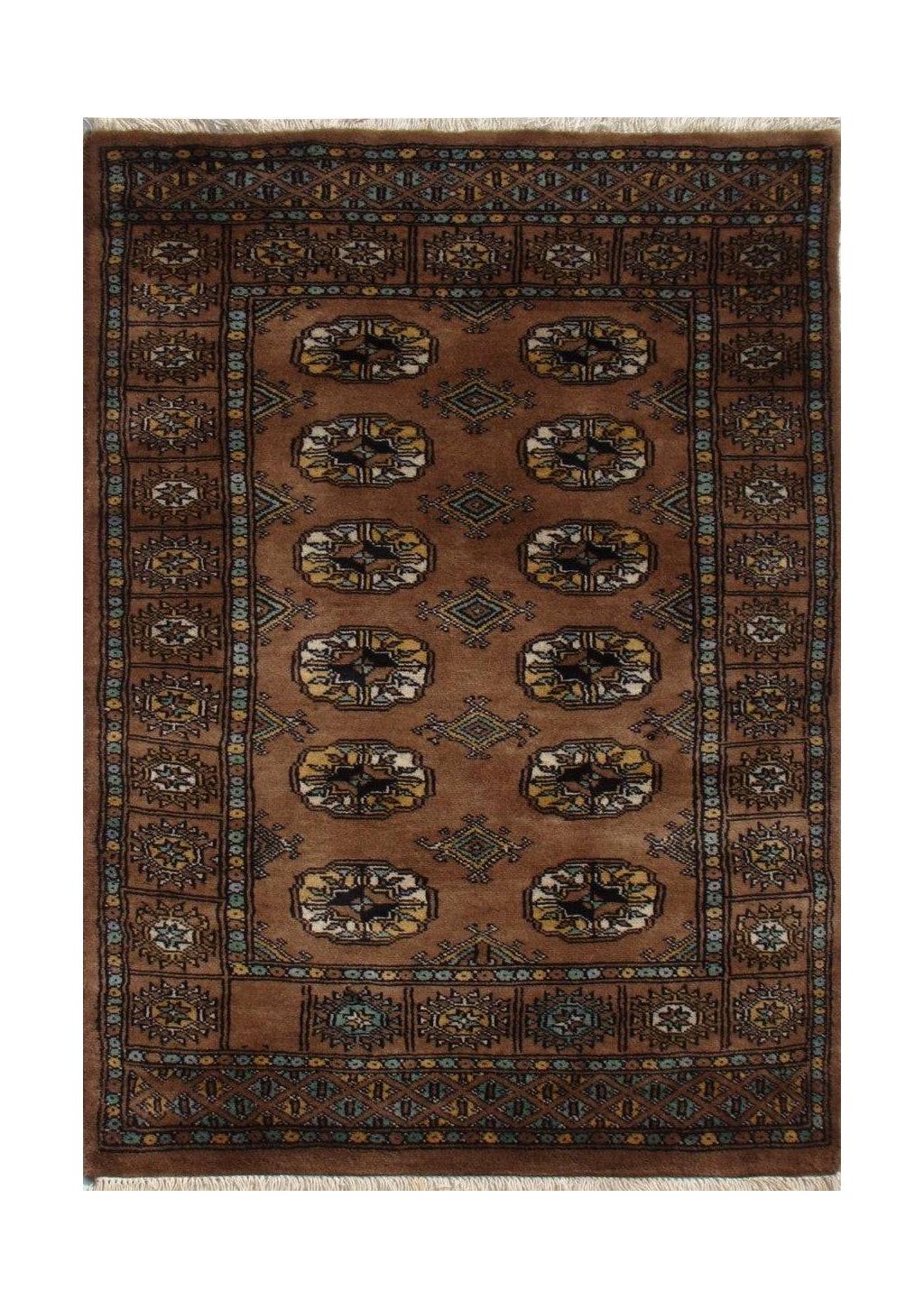 A handmade wool Princess Bokhara rug featuring a repeating geometric pattern in shades of brown.