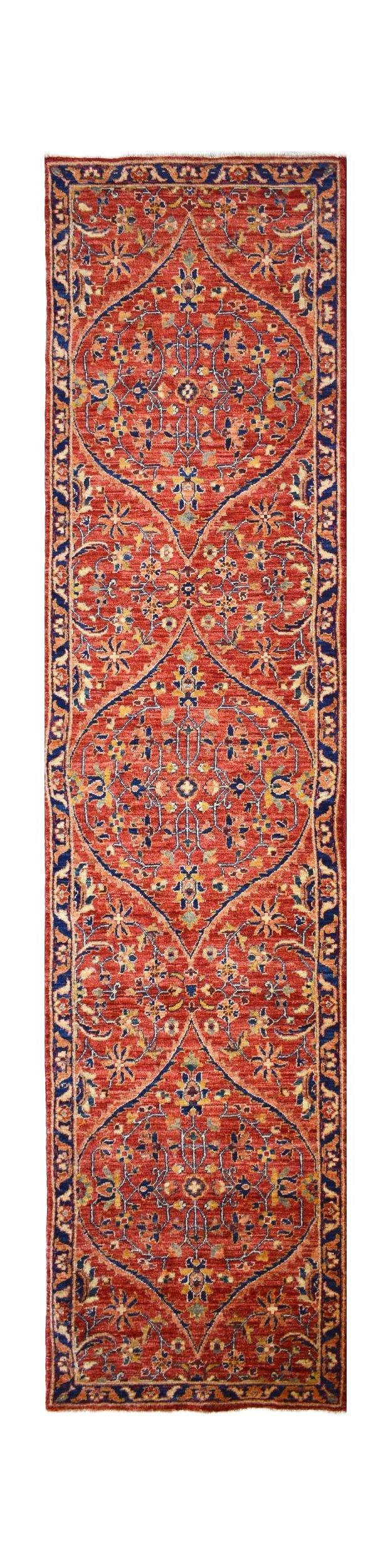 Handmade Afghan Chobi runner rug featuring a traditional floral pattern in red and blue tones.