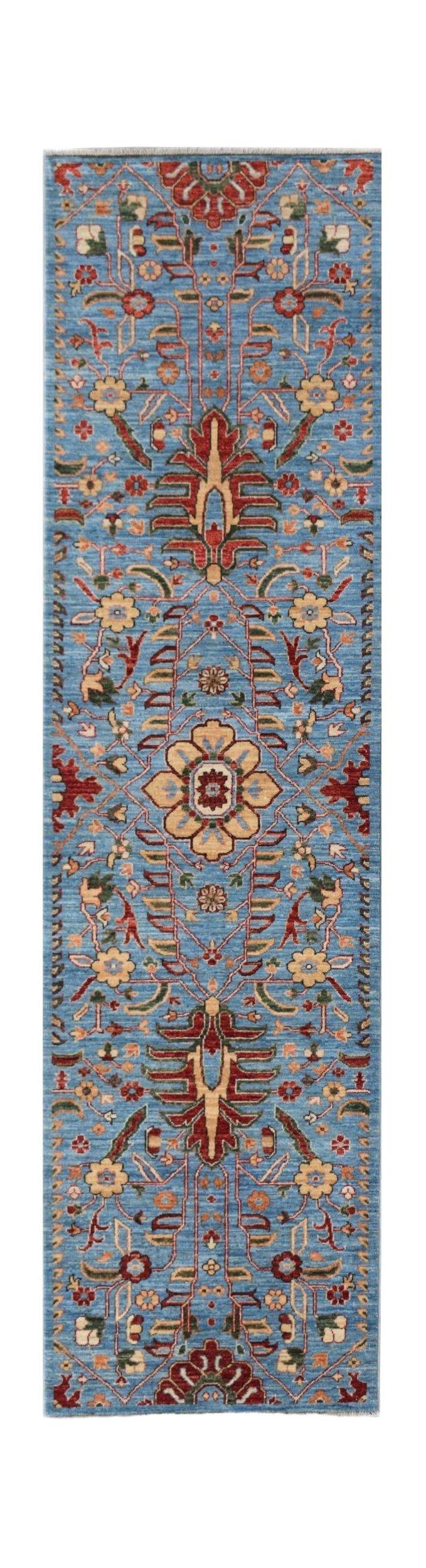 Handmade Afghan Chobi runner rug featuring a traditional floral pattern in blue, red, and beige.