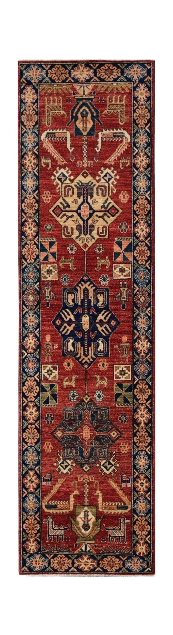 Handmade Afghan Chobi runner rug featuring a traditional geometric pattern in red and blue tones.