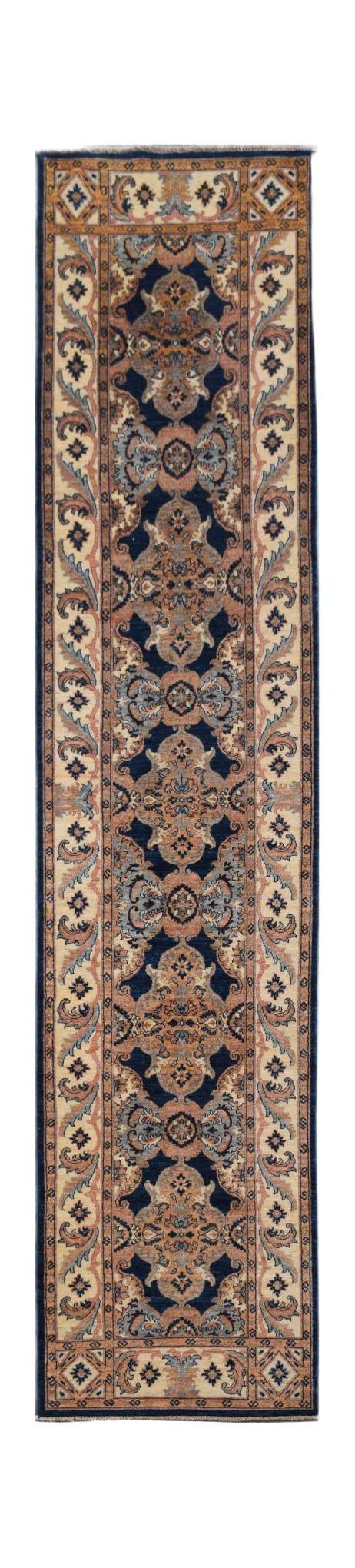 A handmade Afghan Chobi runner rug featuring a traditional floral pattern in blue and beige tones.