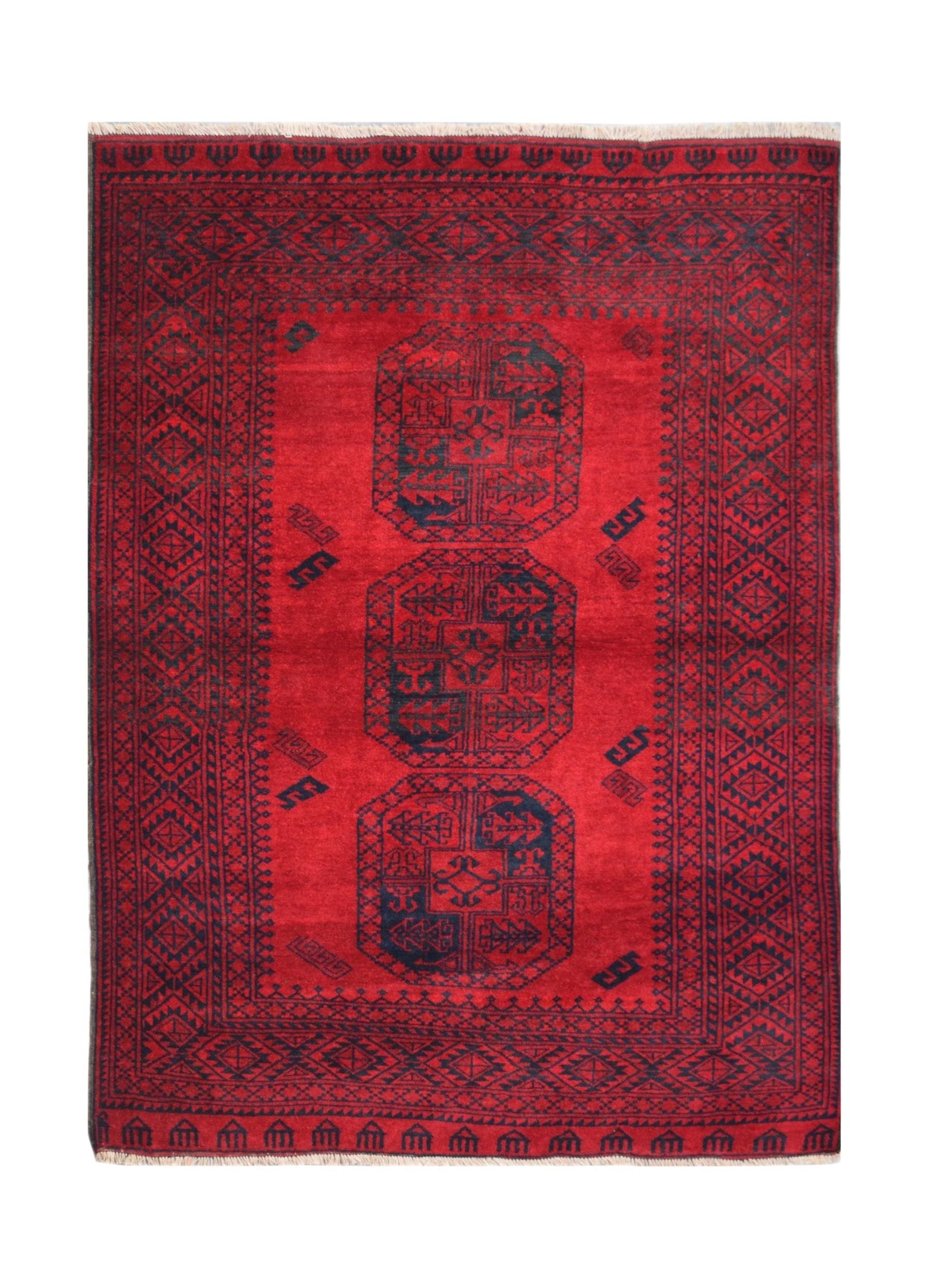 A rectangular vintage Afghan Turkmen rug featuring three dark elephant foot motifs on a red field.