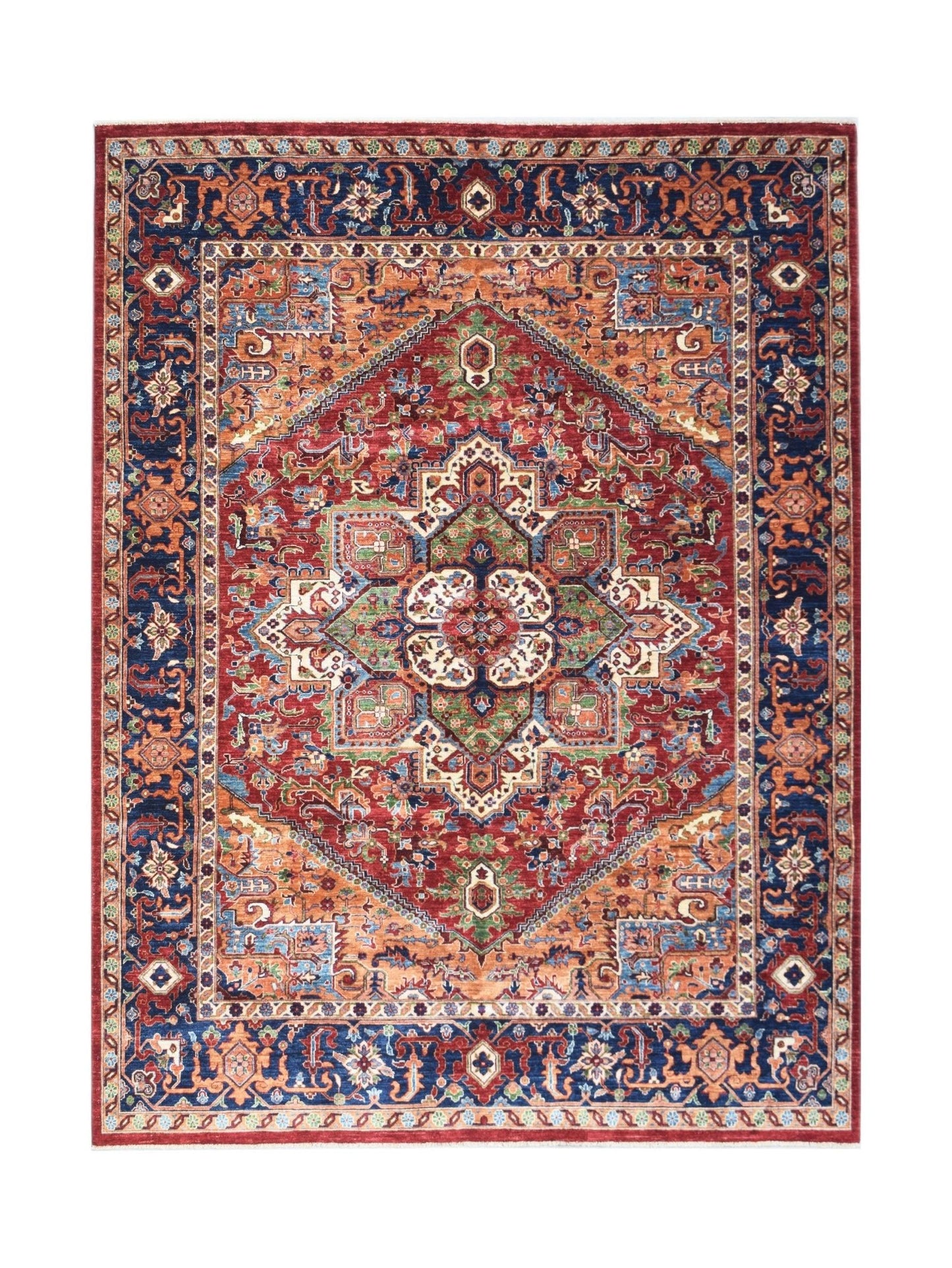 A rectangular Afghan Chobi rug featuring a traditional Heriz pattern in red, blue, and orange.