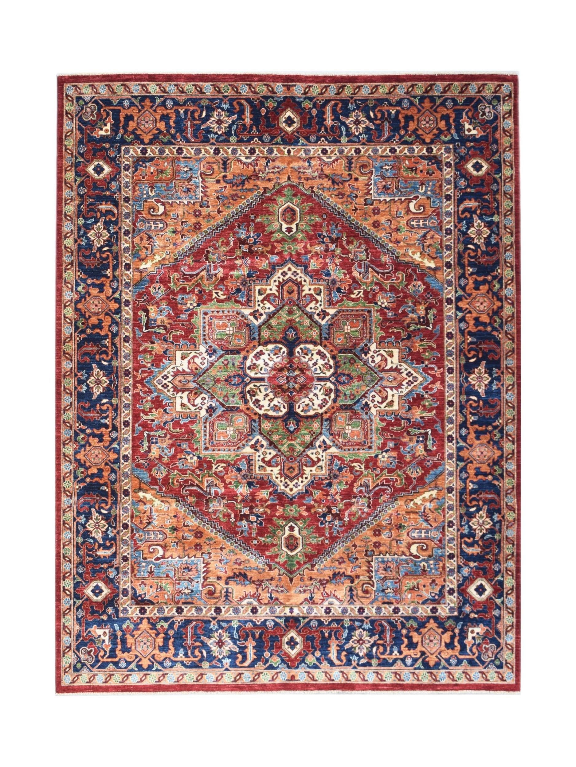 A rectangular Afghan Chobi rug featuring a traditional Heriz pattern in red, blue, and orange.