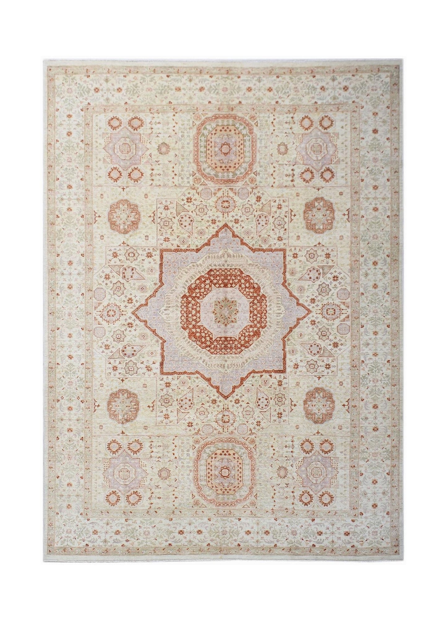 Handwoven Afghan Chobi rug featuring a traditional Mamluk medallion pattern in soft earth tones.