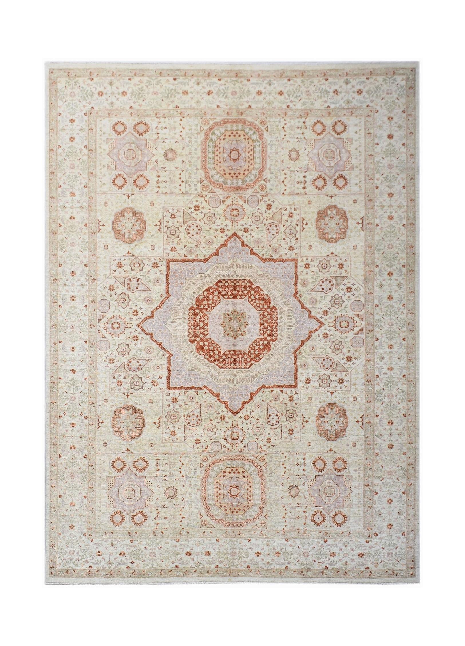 Handwoven Afghan Chobi rug featuring a traditional Mamluk medallion pattern in soft earth tones.