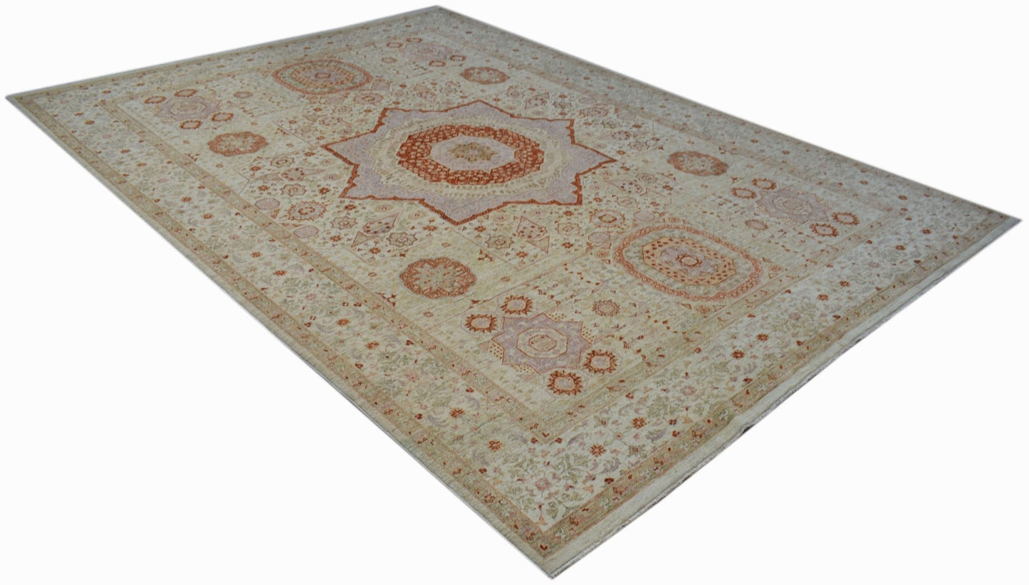 A handmade Afghan Chobi rug featuring a traditional Mamluk medallion pattern in soft earth tones.