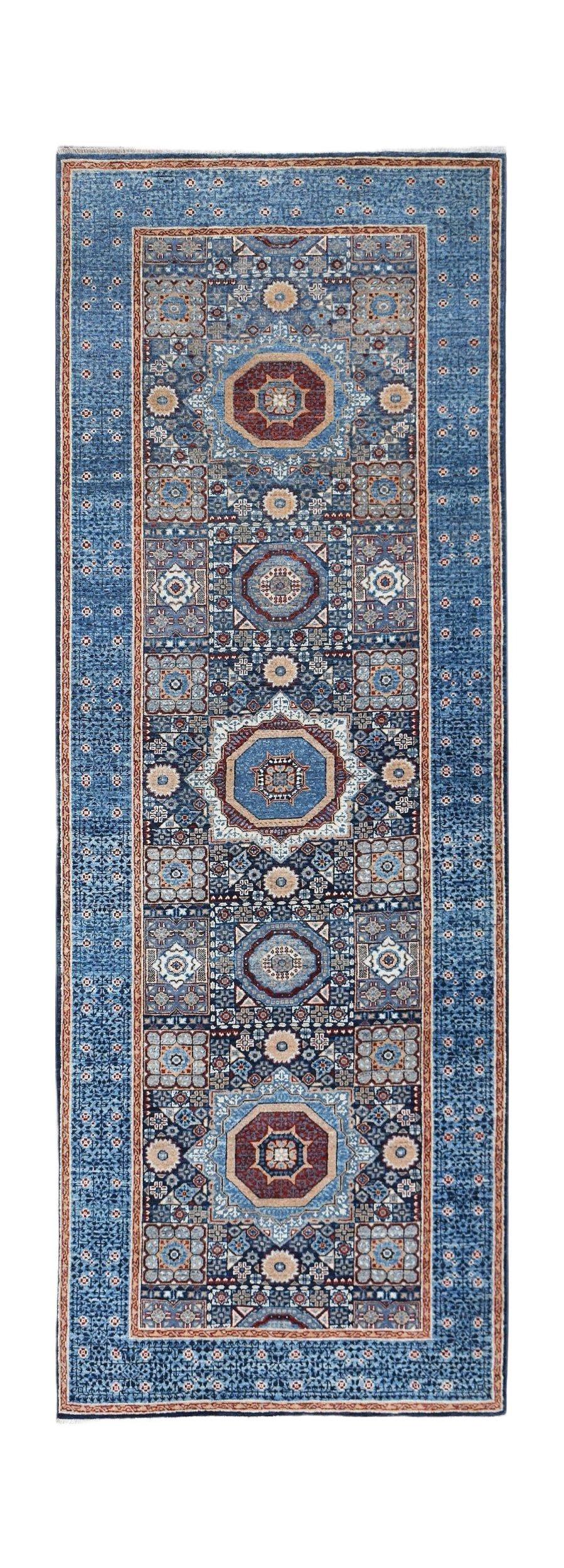 Handmade Afghan Chobi runner rug featuring a blue field with intricate Mamluk medallion patterns.