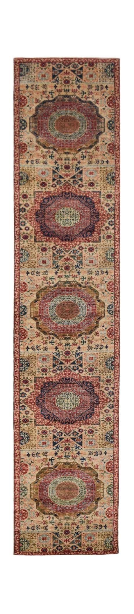 A handmade Afghan Chobi runner rug featuring a repeating Mamluk medallion pattern in warm tones.