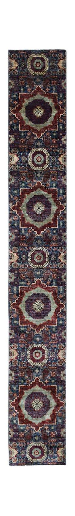 A handmade Afghan Chobi runner rug featuring a repeating Mamluk medallion pattern in deep tones.