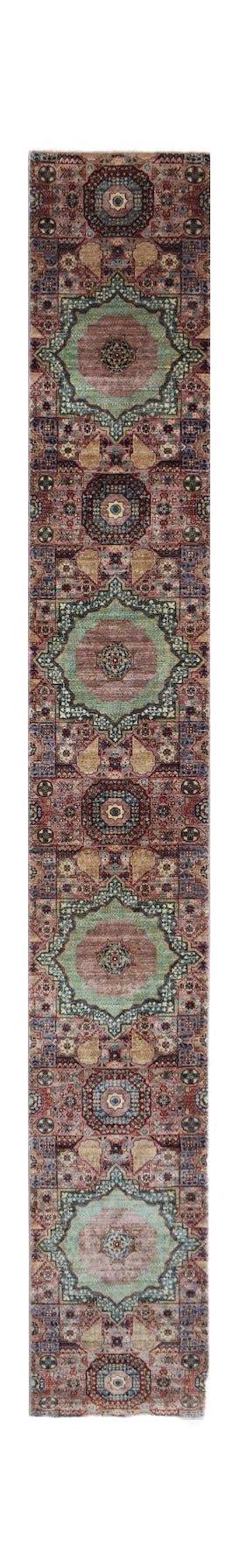 A handmade Afghan Chobi runner rug featuring a repeating Mamluk medallion pattern in muted tones.