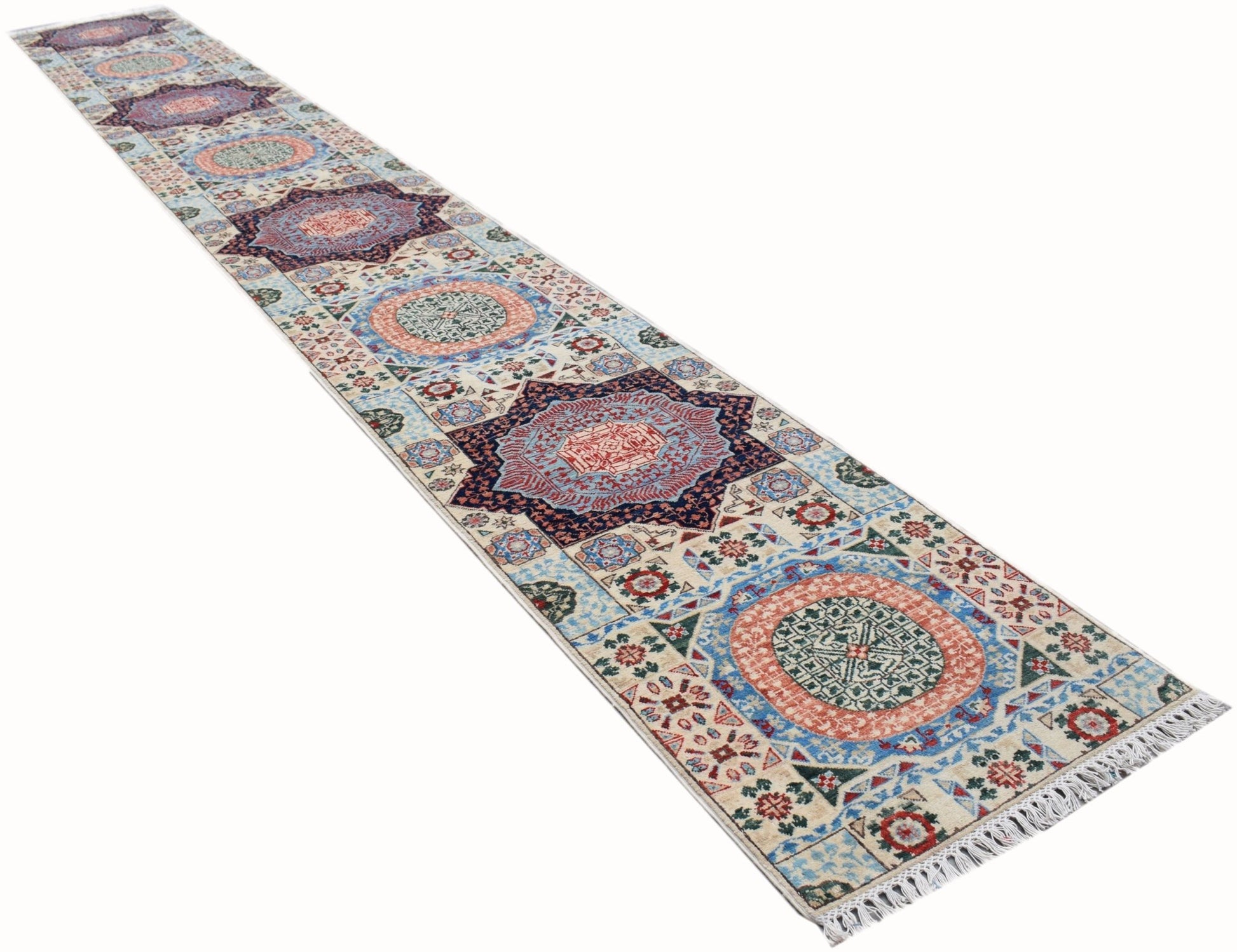 A long, handmade Afghan Chobi runner rug featuring intricate Mamluk-style geometric medallions.