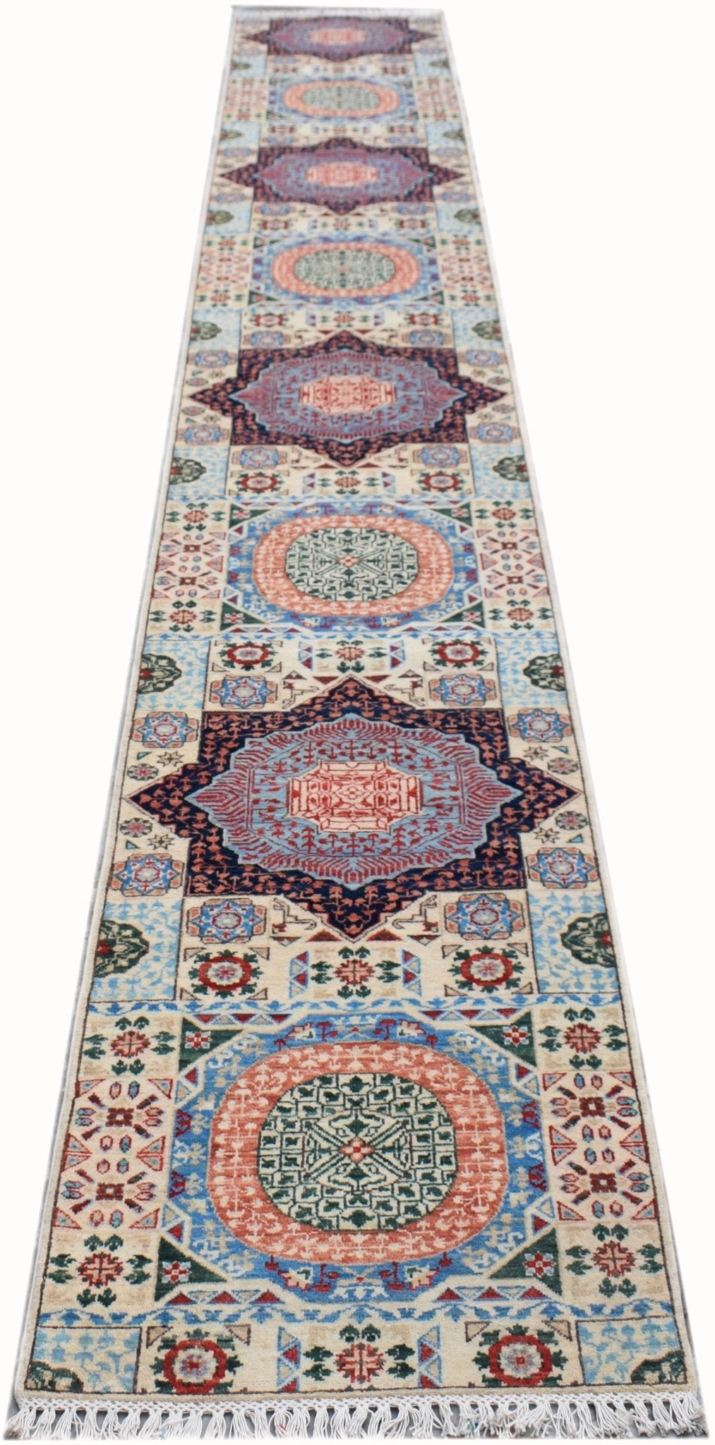 Handmade Afghan Chobi runner rug featuring a repeating Mamluk medallion pattern in muted tones.