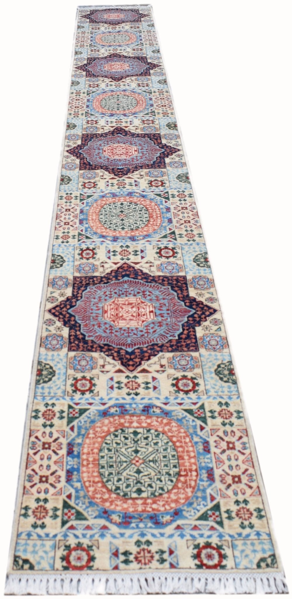 Handmade Afghan Chobi runner rug featuring a repeating Mamluk medallion pattern in wool.