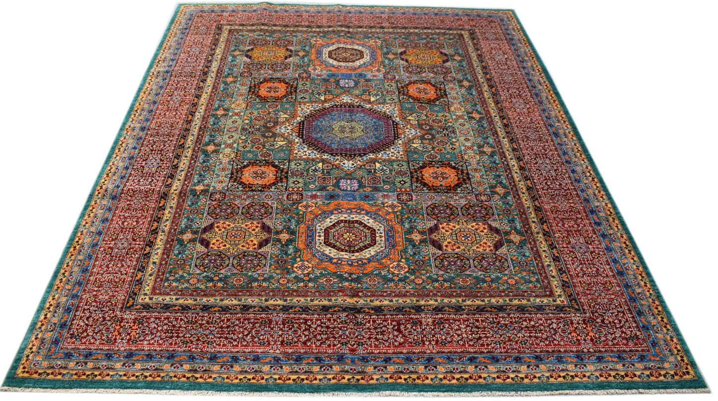 A handmade Afghan Chobi rug featuring a complex Mamluk medallion design in rich, vibrant colors.