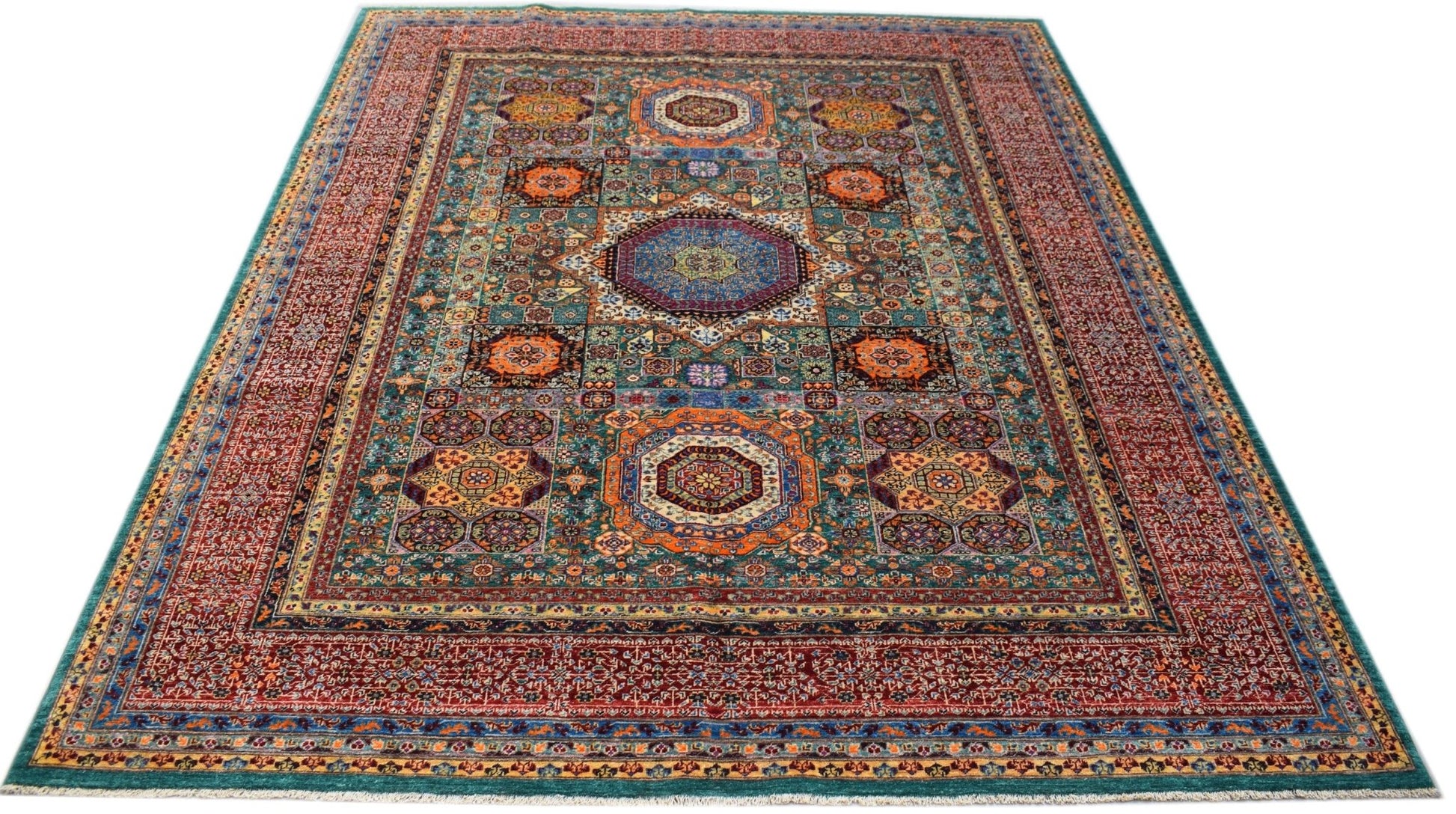 A handmade Afghan Chobi rug featuring a complex Mamluk medallion design in rich, vibrant colors.