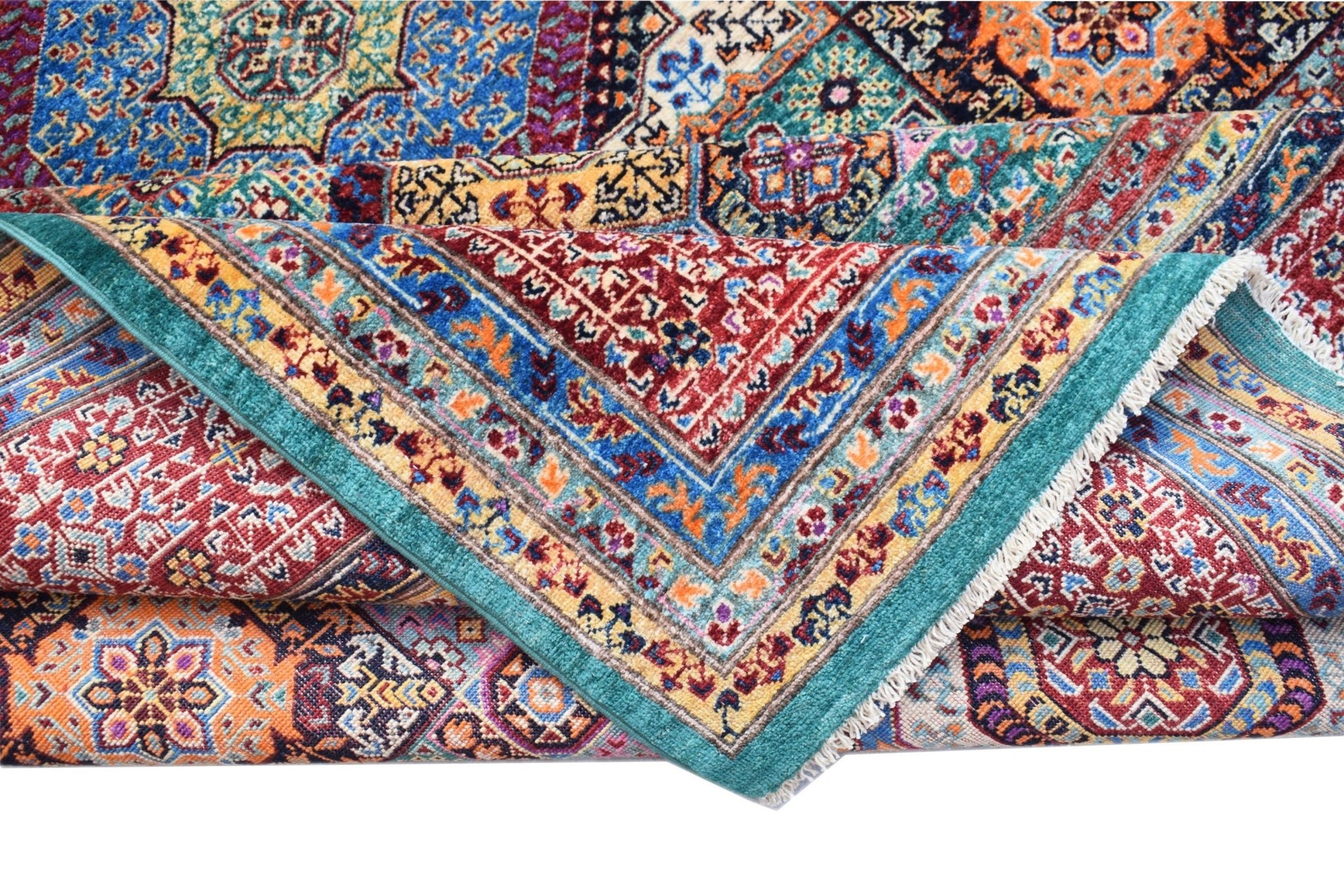 A handwoven Afghan Chobi rug featuring a complex Mamluk medallion pattern in vibrant colors.