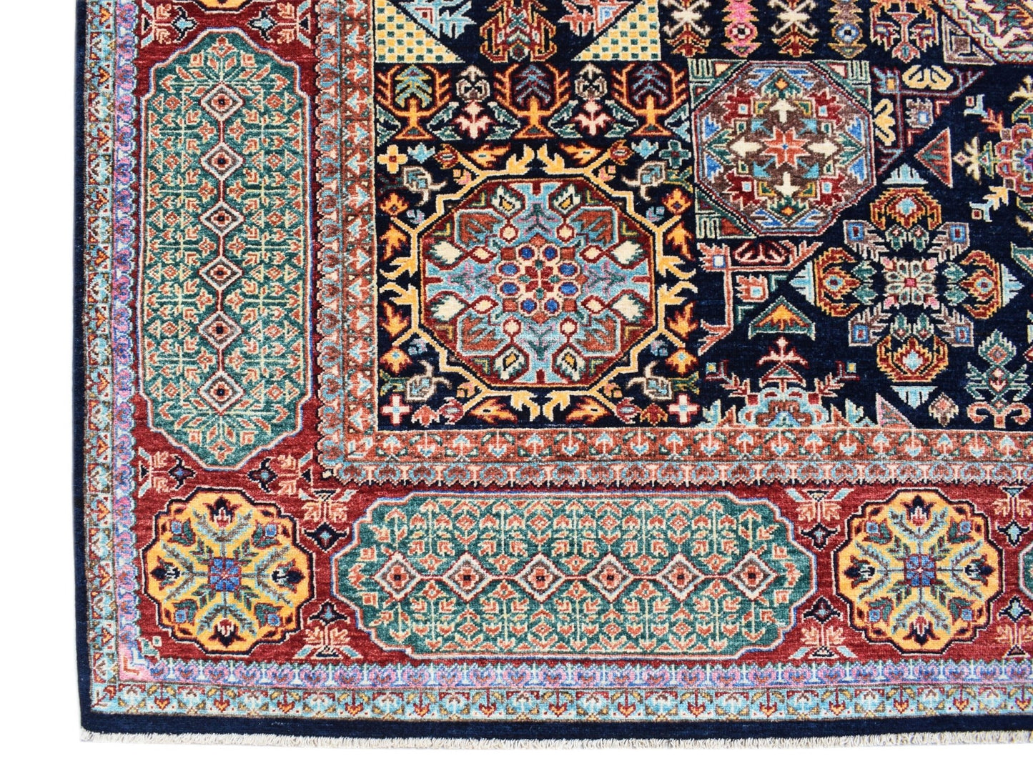 A handmade Afghan Chobi rug featuring a complex Mamluk medallion design in rich, vibrant colors.
