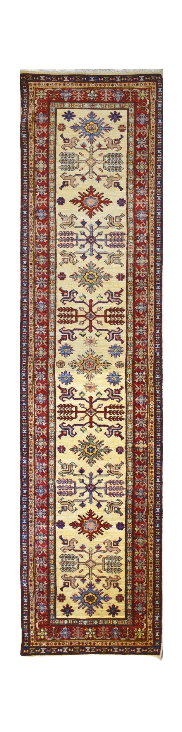 Handmade Afghan Super Kazakh runner rug featuring geometric motifs on a cream field.