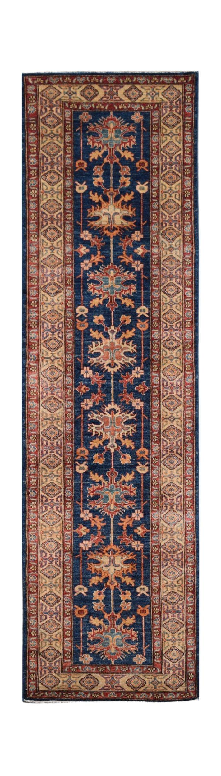 A handmade Afghan Super Kazakh runner rug featuring a blue field with geometric floral motifs.