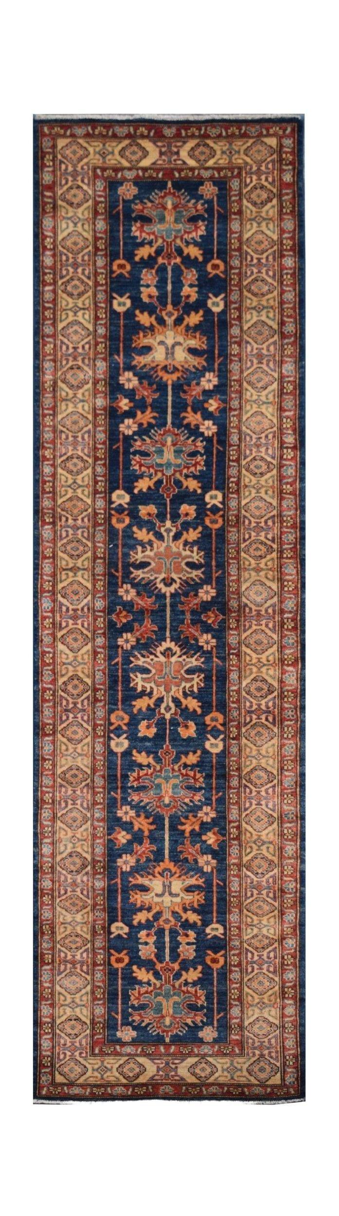 Handmade Afghan Super Kazakh runner rug featuring a blue field with traditional floral motifs.