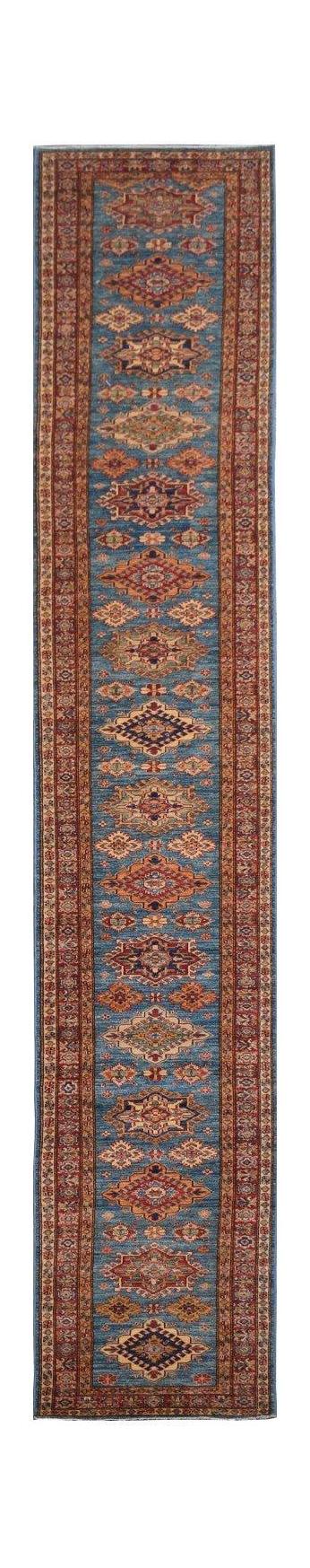 A handmade Afghan Super Kazakh runner rug featuring a blue field with repeating geometric motifs.