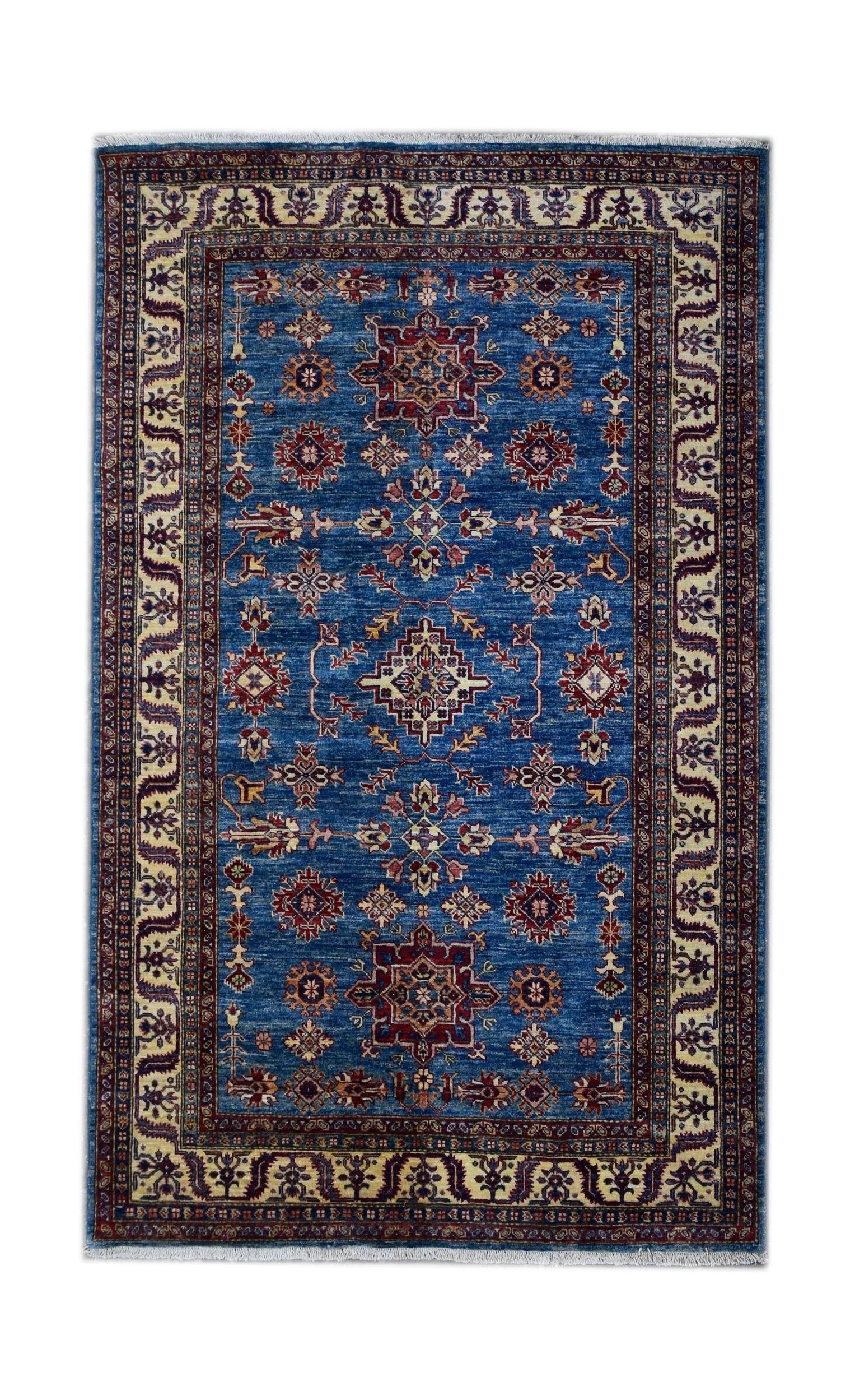 Handmade Afghan Super Kazakh rug featuring a traditional geometric pattern in blue and red tones.