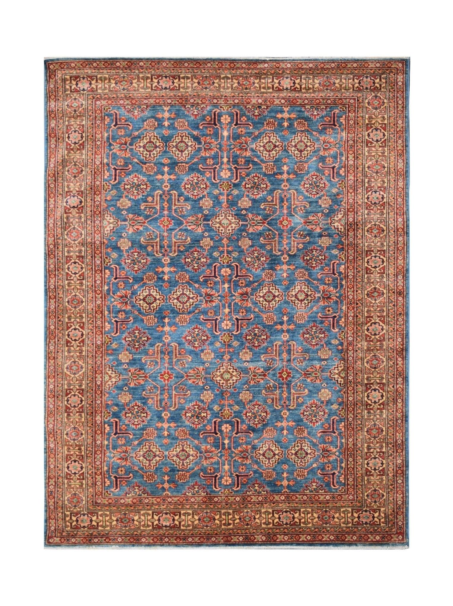 Handmade Afghan Super Kazakh rug featuring a blue field with traditional geometric patterns.