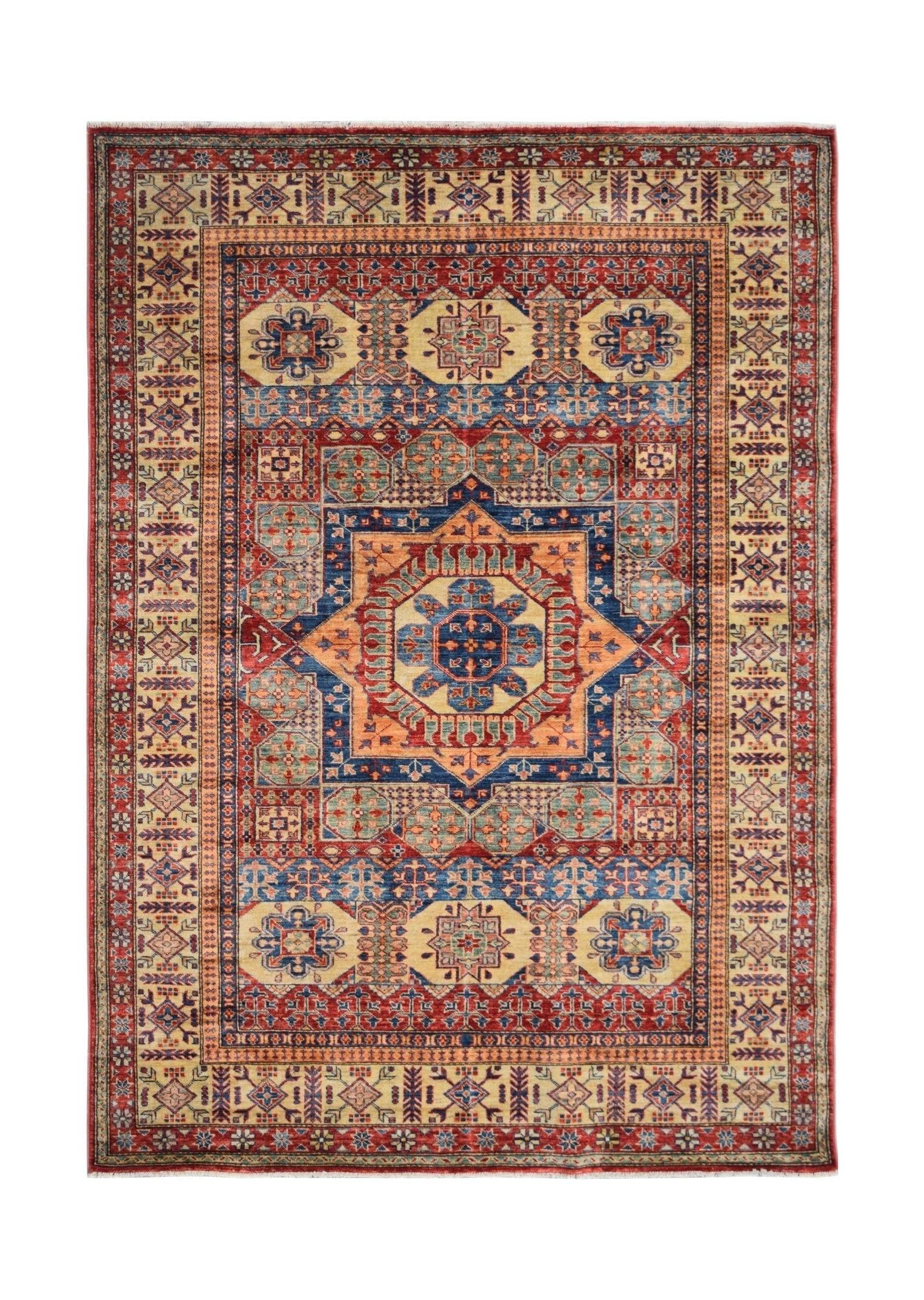 Handmade Afghan Super Kazakh rug featuring a geometric medallion pattern in red, blue, and tan.