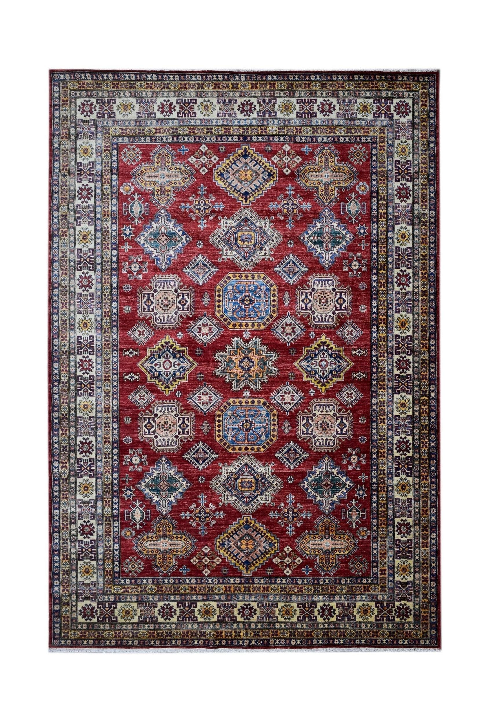 Handmade Afghan Super Kazakh rug featuring geometric medallions on a deep red wool field.