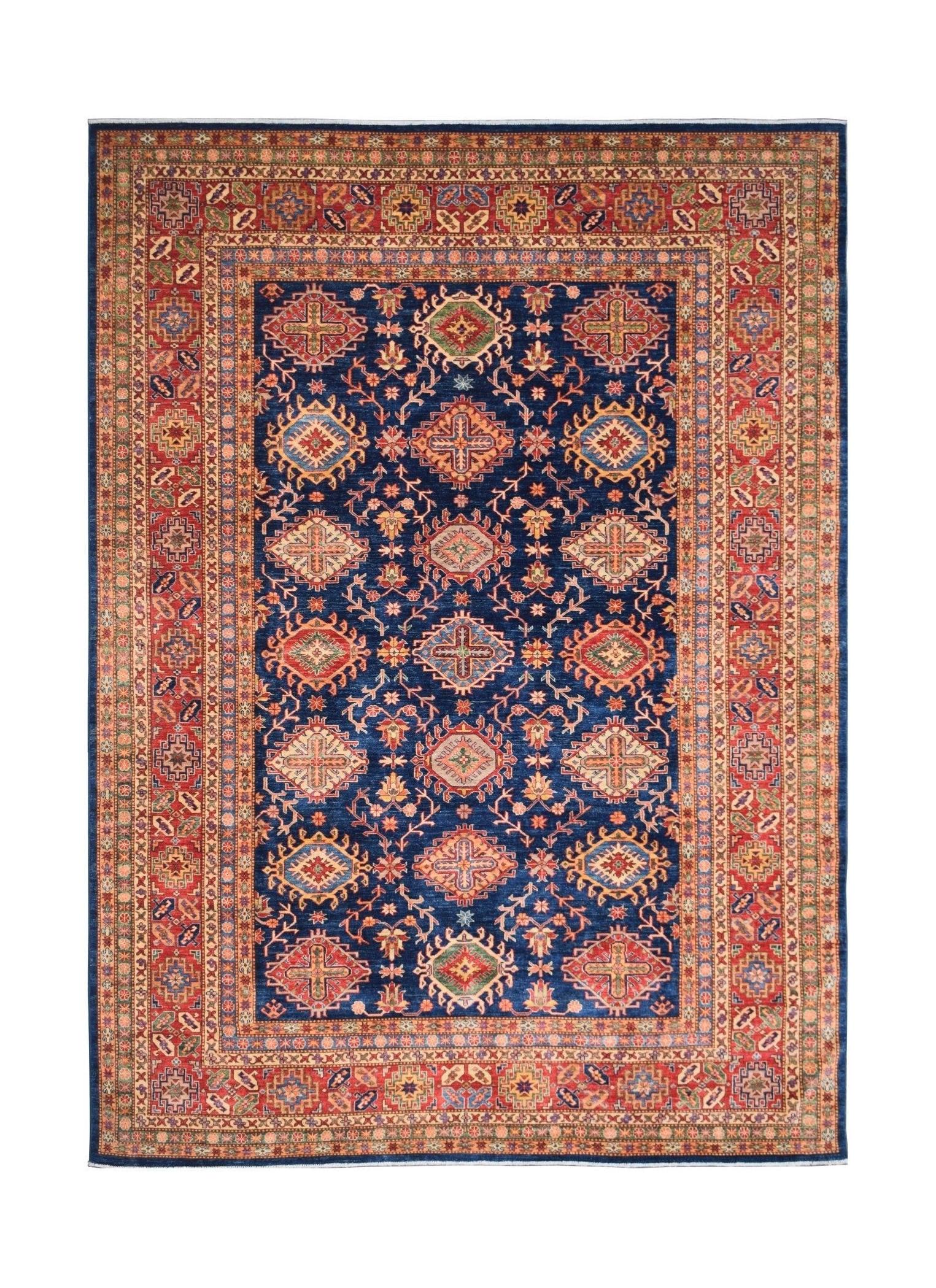 Handmade Afghan Super Kazakh rug featuring a blue field with geometric medallions and red borders.
