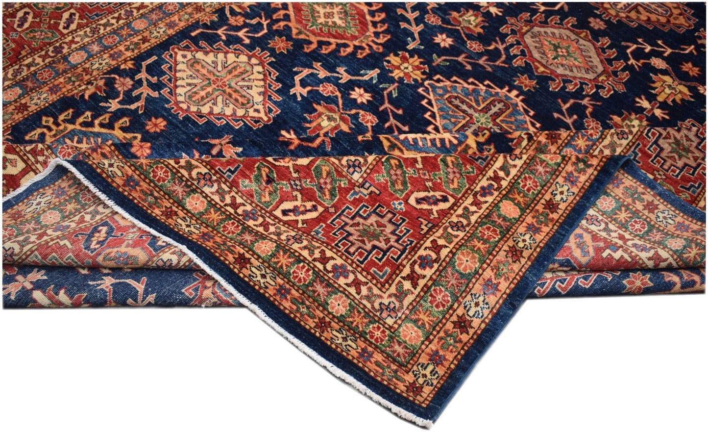 Handmade Afghan Super Kazakh rug featuring traditional geometric patterns in blue and red wool.
