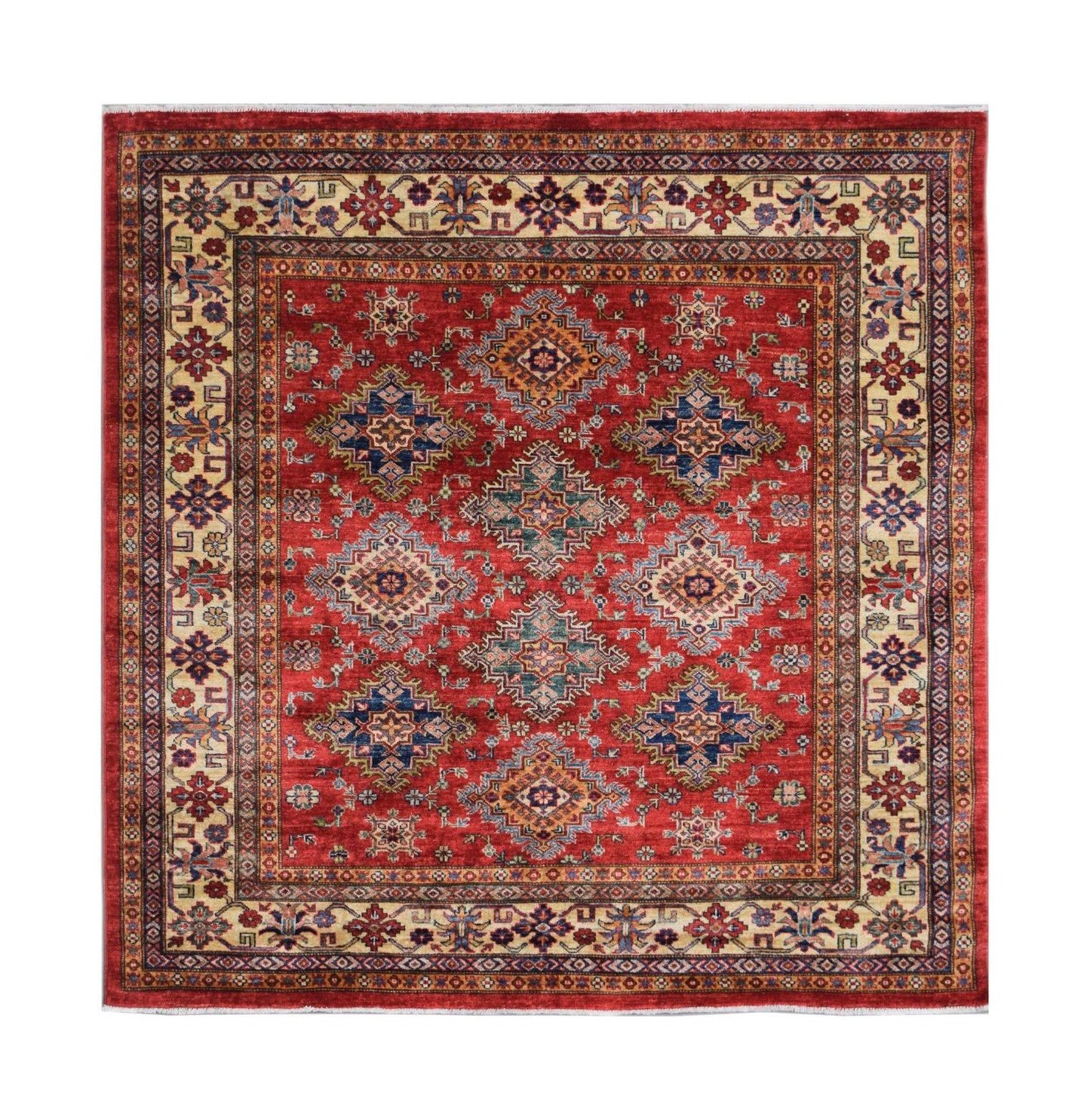 Handmade Afghan Super Kazakh rug featuring a red field with geometric medallions and floral borders.