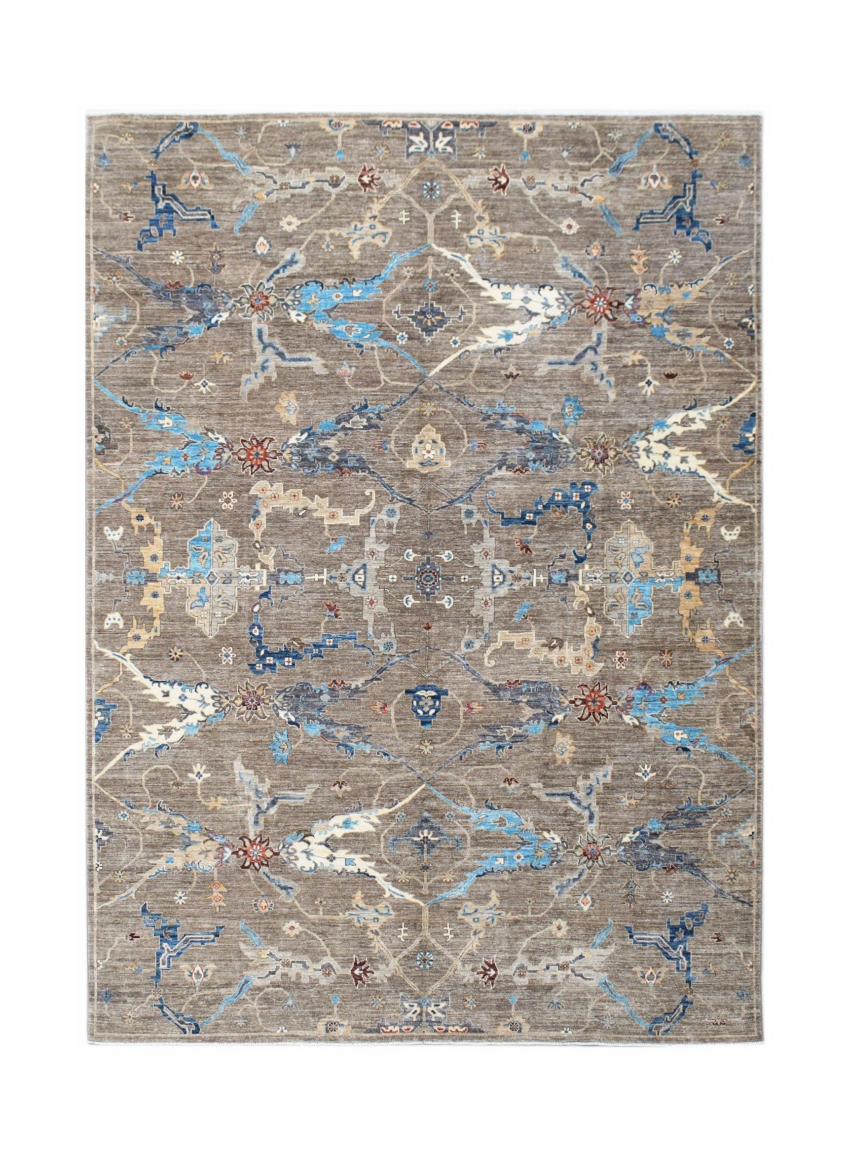 Handmade Afghan Chobi rug featuring a traditional Bidjar pattern in blue, brown, and cream tones.
