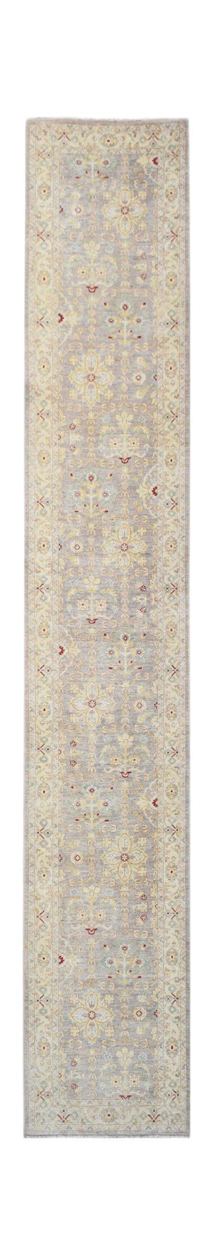 An Afghan Chobi runner rug featuring a traditional floral pattern in soft grey and yellow tones.
