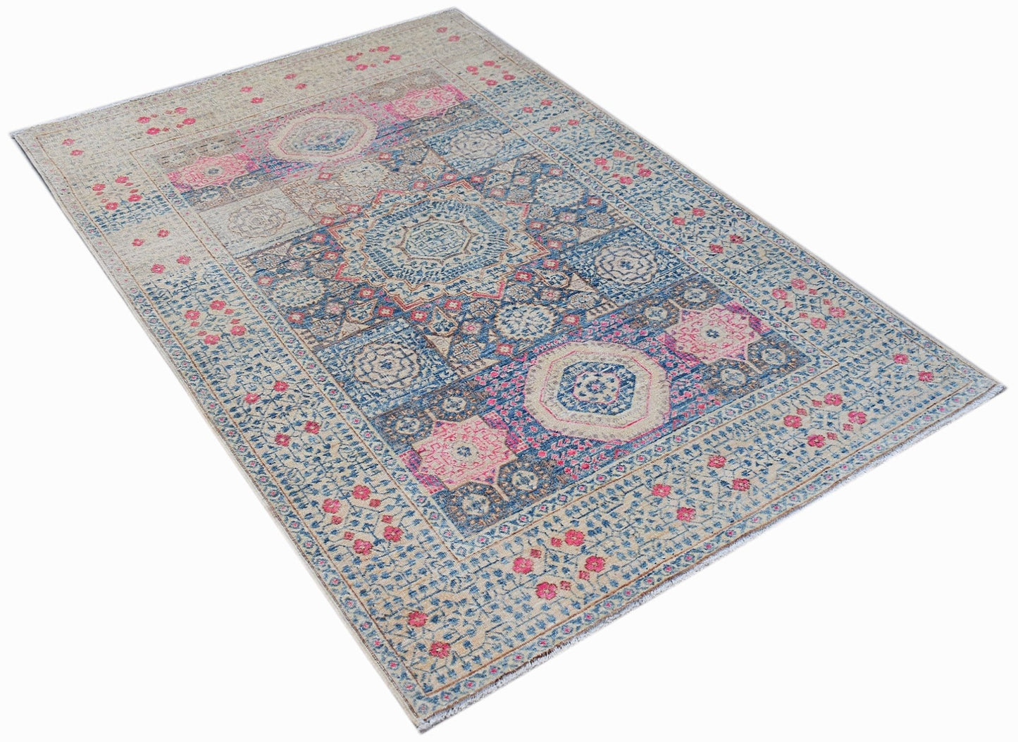 A rectangular Afghan Balkh rug featuring a traditional Mamluk medallion pattern in blue and pink.