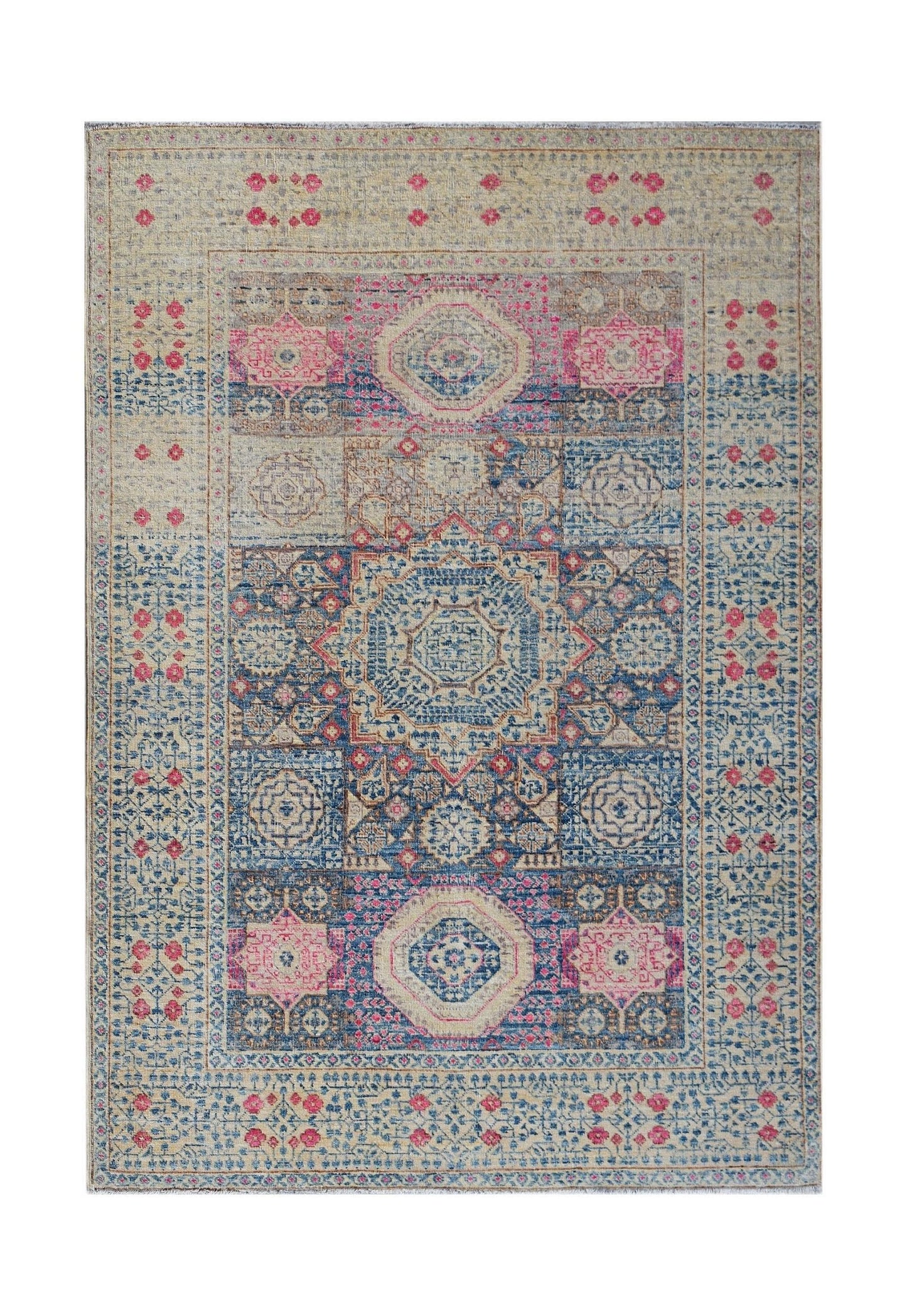 Handwoven Afghan Balkh rug featuring a traditional Mamluk medallion pattern in blue and pink.
