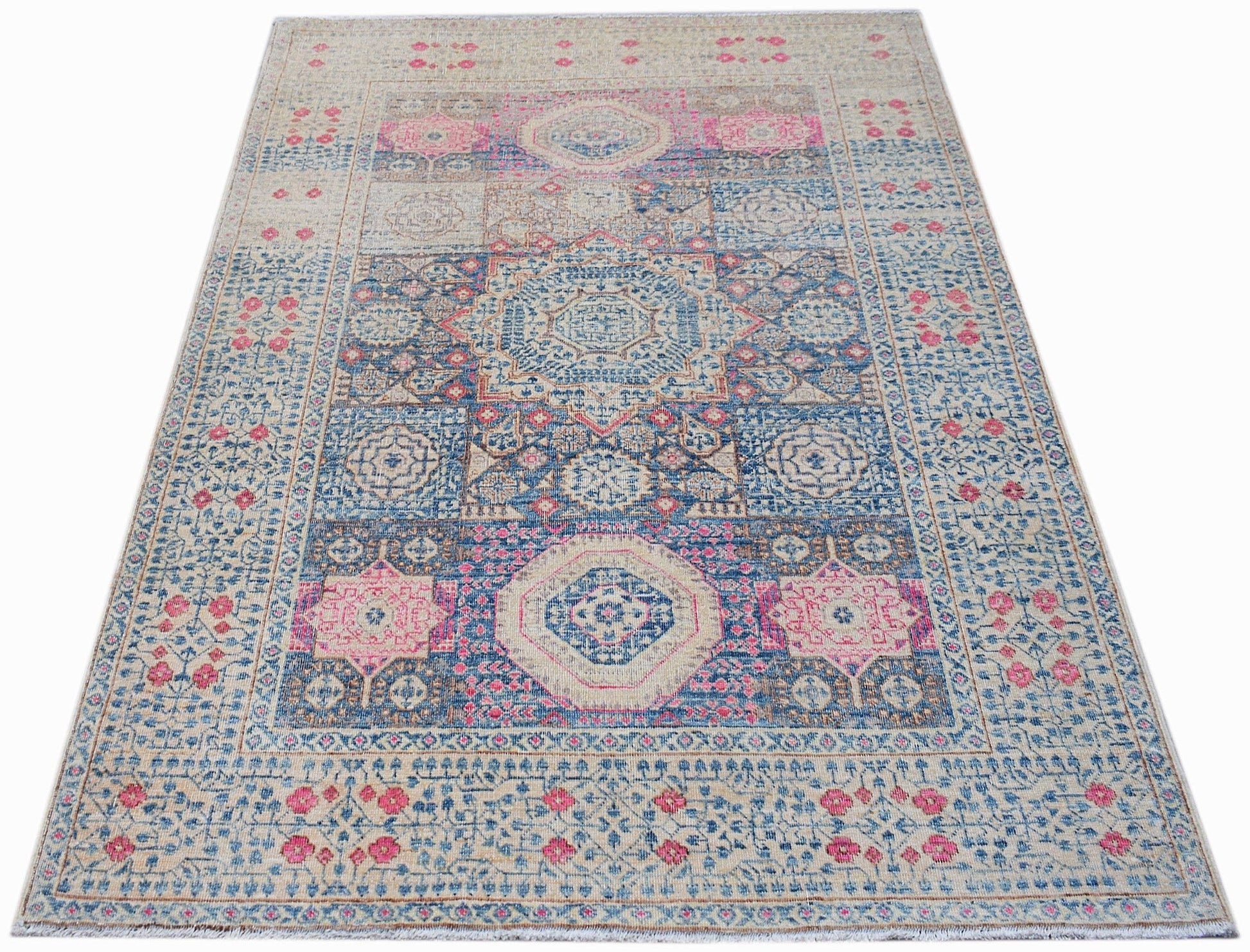Handwoven Afghan Balkh rug featuring a traditional Mamluk medallion pattern in blue and pink.