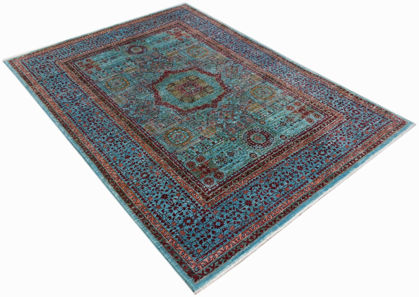 A rectangular Afghan Chobi rug featuring a detailed Mamluk medallion pattern in blue and red tones.