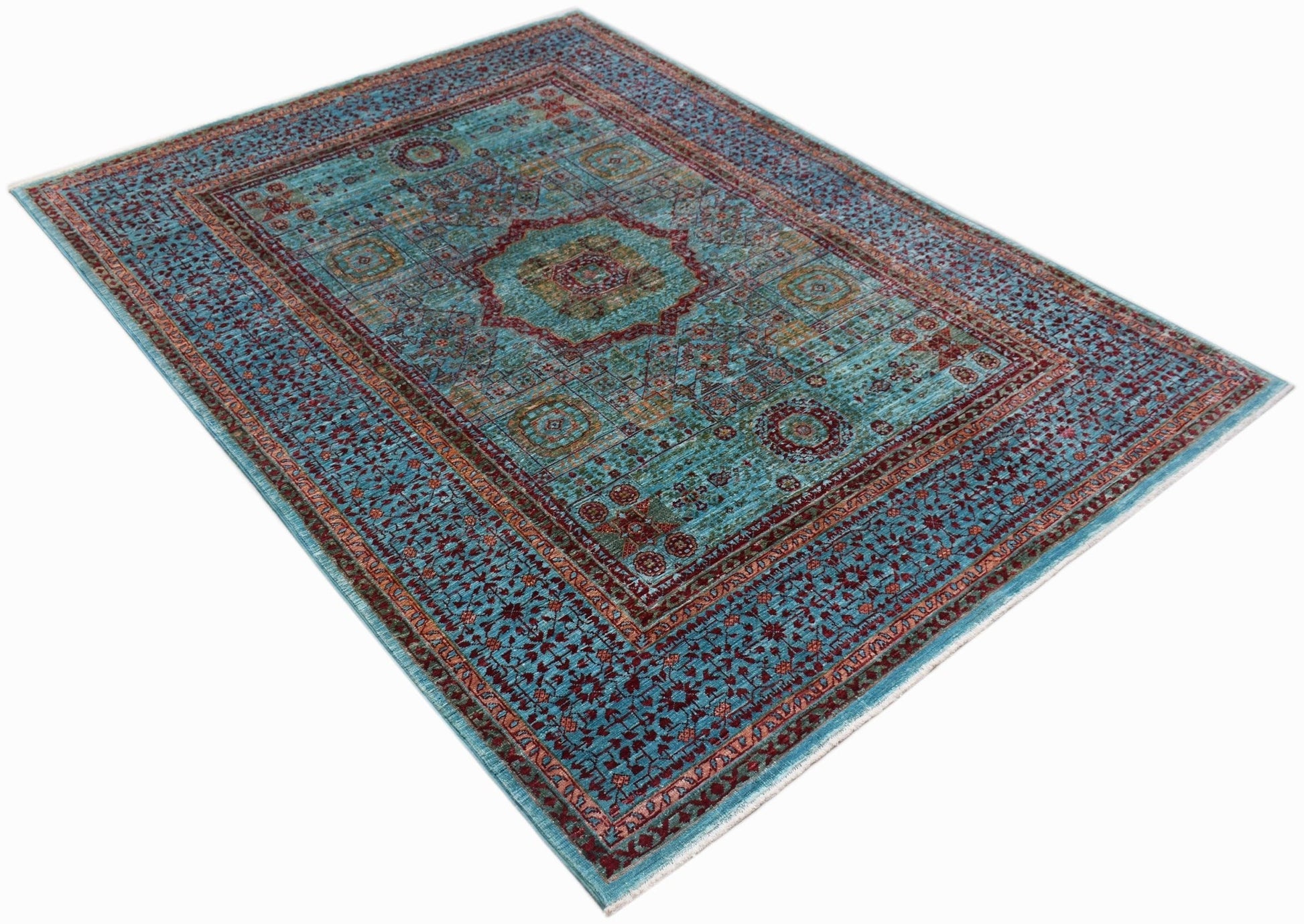A rectangular Afghan Chobi rug featuring a detailed Mamluk medallion pattern in blue and red tones.