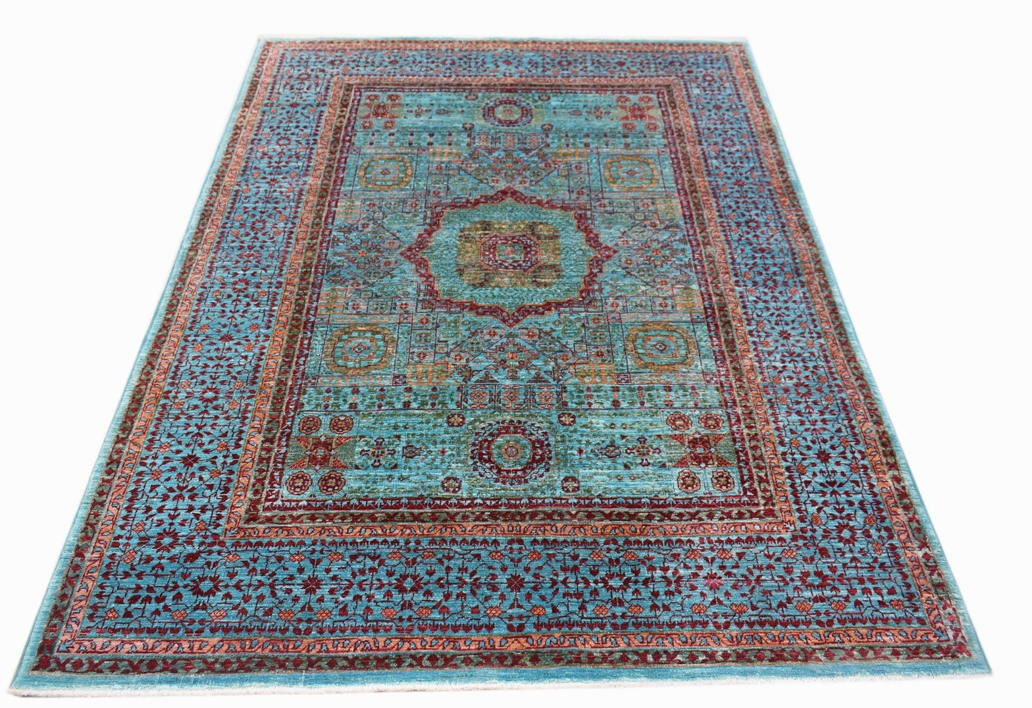 A rectangular Afghan Chobi rug featuring a detailed Mamluk medallion pattern in blue and red tones.