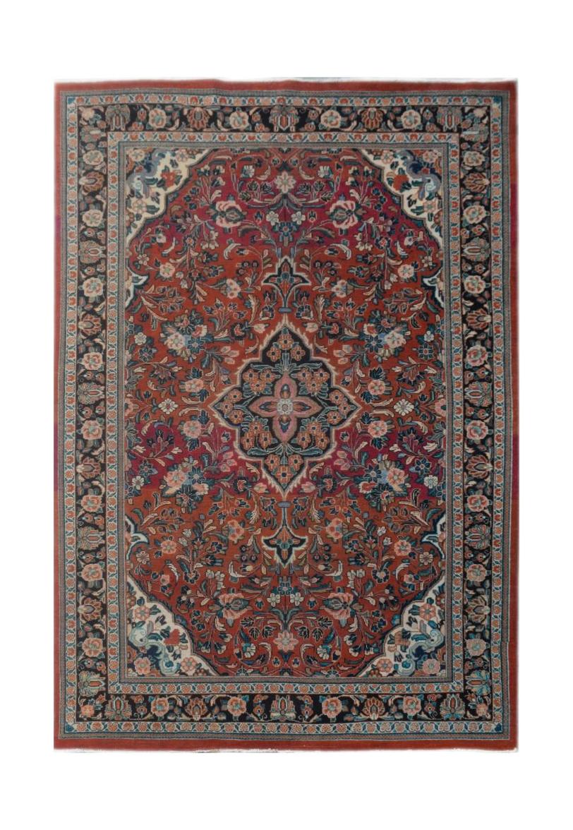 A rectangular vintage Persian rug featuring a central floral medallion on a red field.