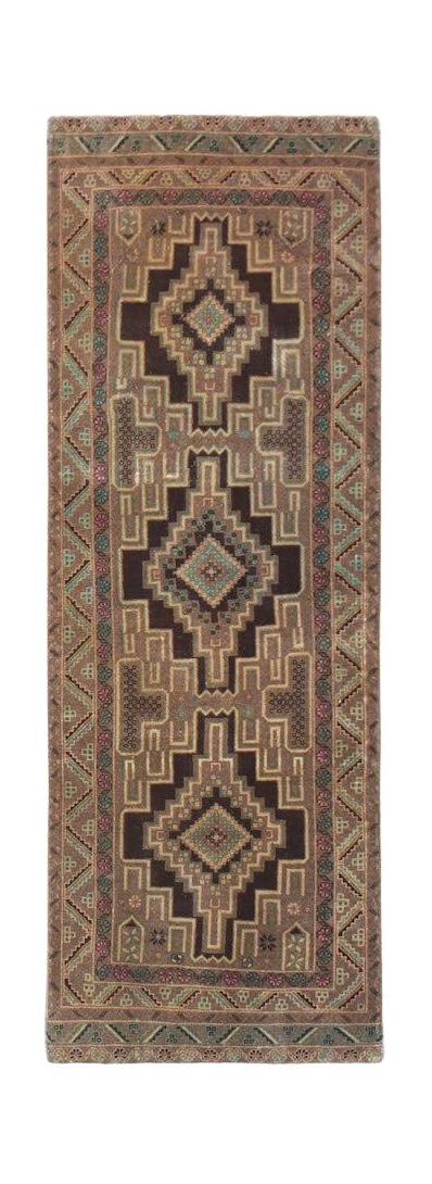 A vintage Afghan Baluch runner featuring three dark geometric diamond medallions on a brown field.