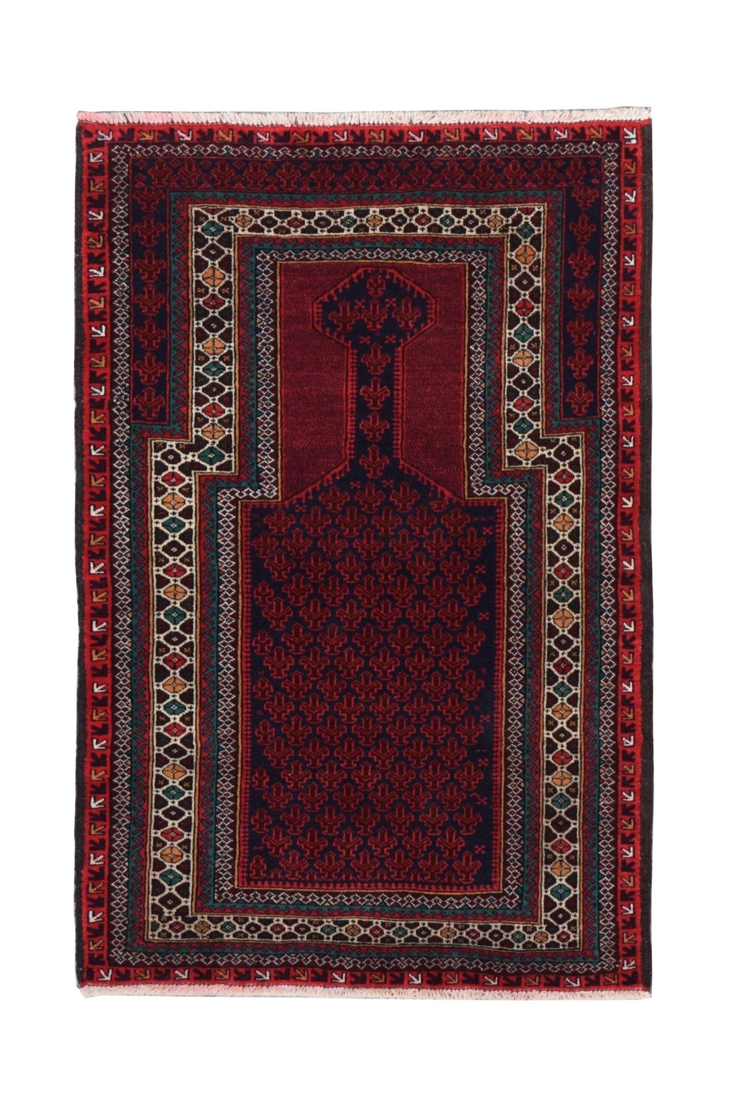 A handmade vintage Afghan Baluch rug featuring a traditional prayer design in deep red and blue.