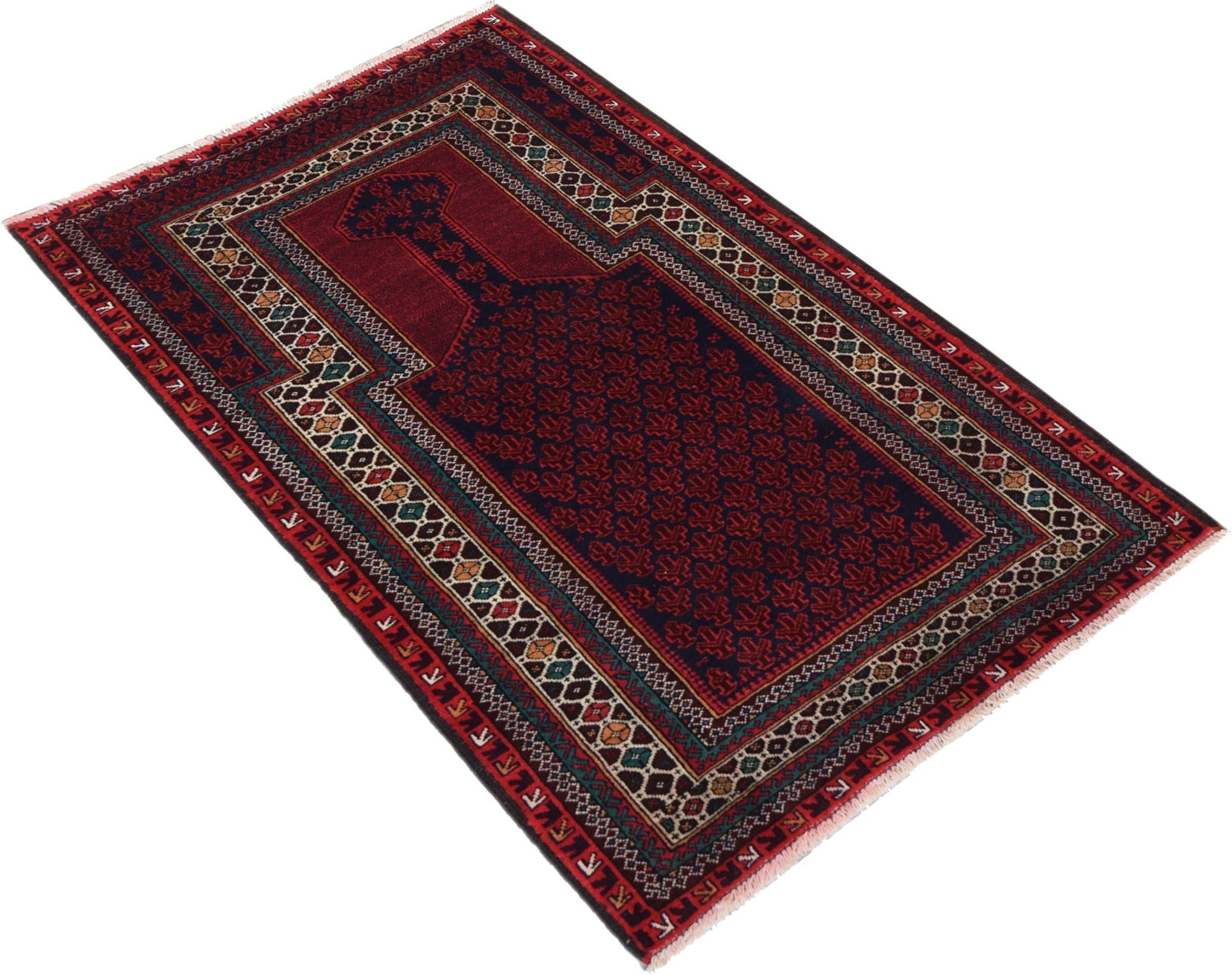 A handmade vintage Afghan Baluch rug featuring a traditional prayer design in deep red and blue.